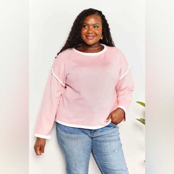 Double Take Contrast Detail Dropped Shoulder Knit Top - Picture 1 of 11